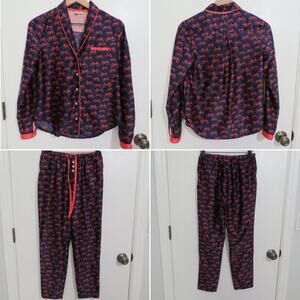Anthropologie Eloise XS Navy Red Bike Print Pajama Set Satin PJ